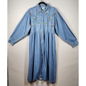 Vintage River‎ Blues Denim Dress Womens Large Embroidered Button Front Pockets